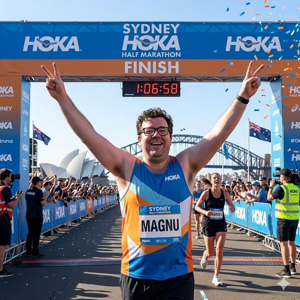 Magnu celebrating at the Sydney Half Marathon finish line.