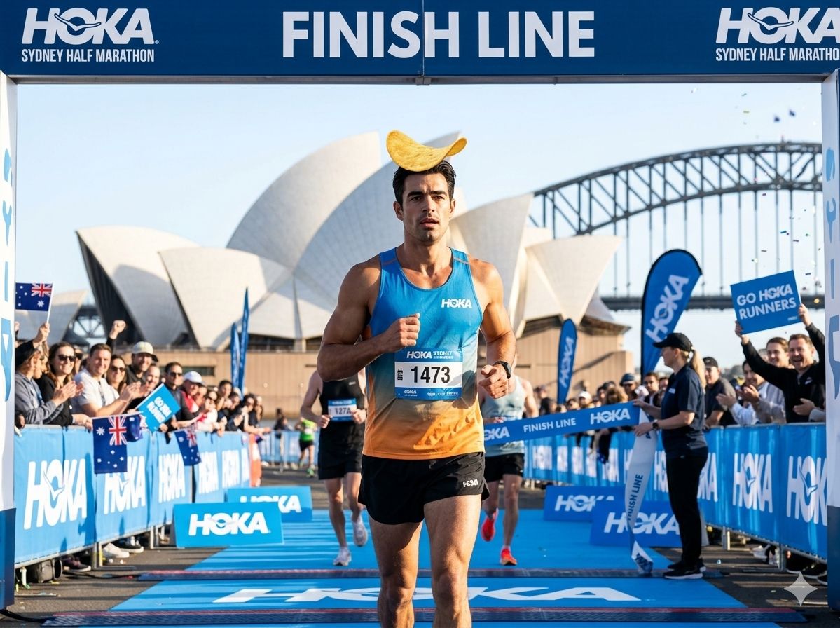Ture running through the finish line at the Sydney Half Marathon.